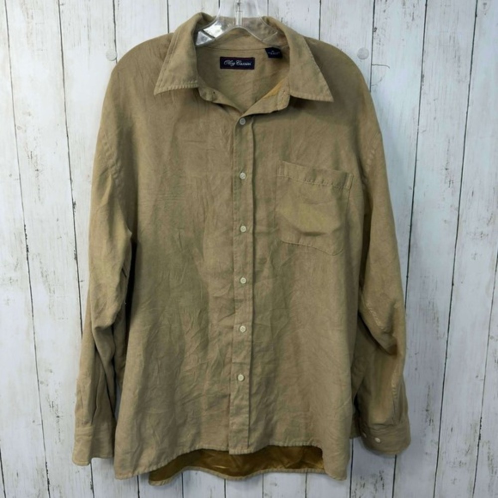 Oleg Cassini Men's Silk Blend Button Down Shirt Tan Faux Suede Size XL